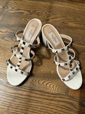 Valentino White Rockstud Strappy Mule Heels